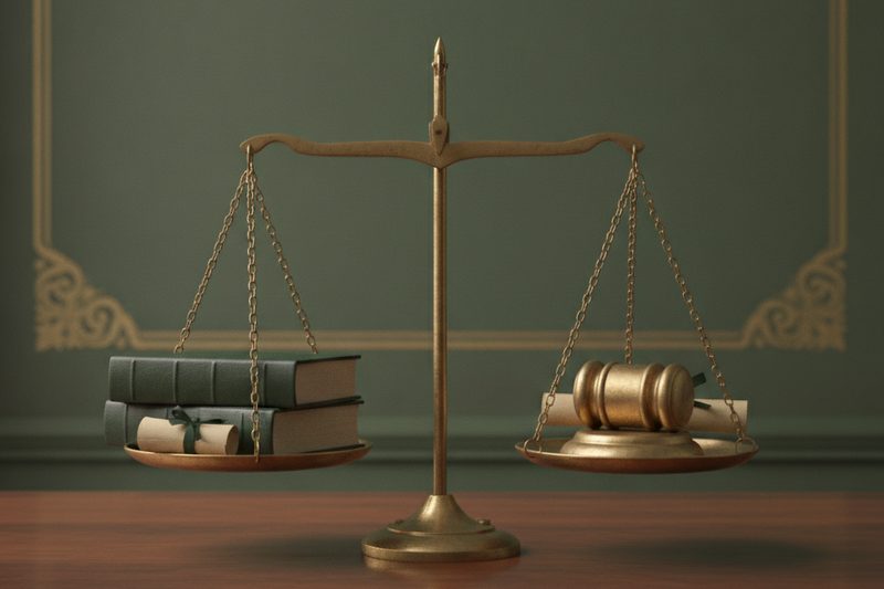 Balança da justiça com livros de um lado e um martelo do outro, ilustrando as duas vias de pedido — administrativa e judicial.