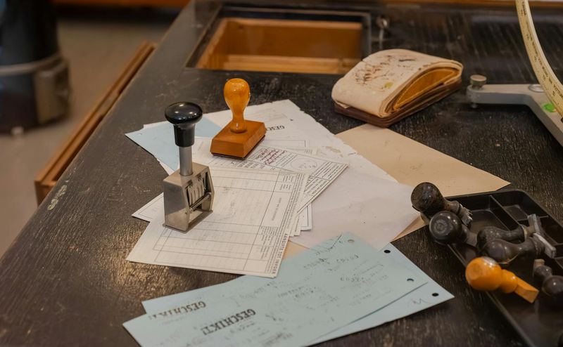 Mesa de escritório com carimbos oficiais e documentos diversos, ilustrando documentação para pedido de isenção do IR.